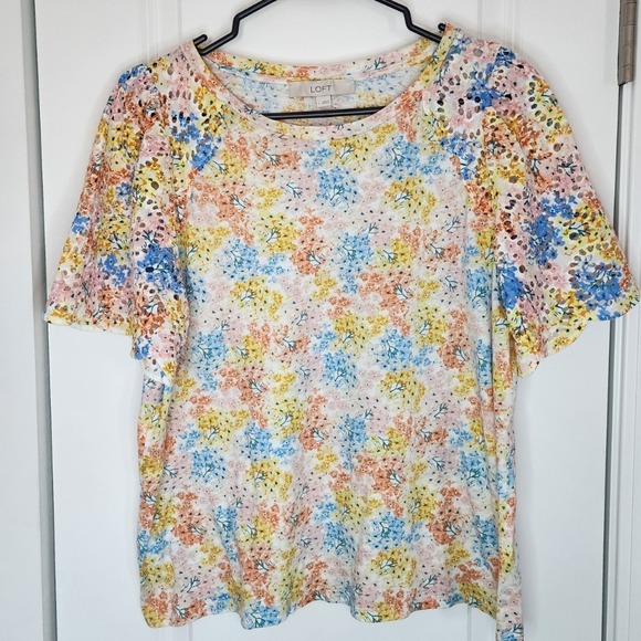 LOFT Floral Eyelet Sleeve Top Colorful Spring Blouse Women's Size L - Picture 1 of 6